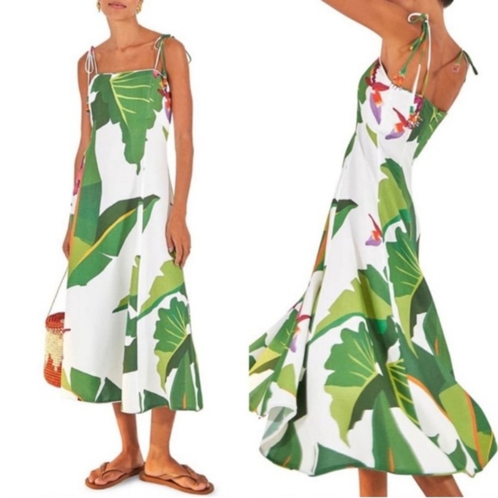 Farm Rio sz S Tropicalistic Midi Dress w. beaded spaghetti straps white